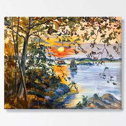 Lake Painting, Sailboat Canvas Wall Art, Sunset Landscape Oil Painting, Original Artwork