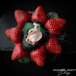 Green cat brooch/pendant in strawberry, gifts for cat lovers,unusual brooch, cat presents