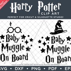 Harry Potter Clip Art Design SVG DXF PNG PDF - Baby Muggle Onboard TWO Typography Bundle & FREE Font!