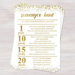 Scavenger hunt, Bachelorette party games, Gold confetti Bridal game, Hens party fun games, Activity, Shower activities