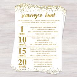 scavenger hunt, bachelorette party games, gold confetti bridal game, hens party fun games, activity, shower activities