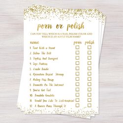 porn or polish, bachelorette party games, hens night activity, gold confetti bachelorette ideas, lingerie shower, bridal