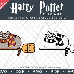 harry potter clip art design svg dxf png pdf - pusheen glasses broom quidditch illustration & free font!