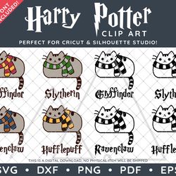 Harry Potter Clip Art Design SVG DXF PNG PDF - 4 Pusheen Hogwarts Houses Illustrations & FREE Font!