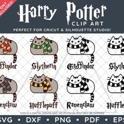 harry potter clip art design svg dxf png pdf - 4 pusheen hogwarts houses illustrations & free font!
