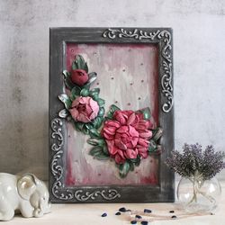Peonies painting, decorative plaster, sculpture painting, rustic wall decor.