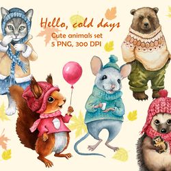 Cute animals in warm clothes. Watercolor images set.