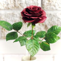 Handmade red Rose flower on stem. Burgundy foam Rose. Wedding anniversary gift wife. Artificial real touch Rose
