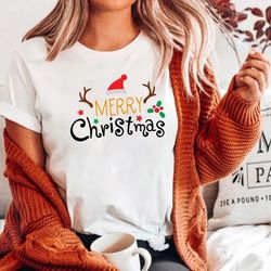 Merry Christmas Santa Hat Reindeer Shirt Cute Christmas T-shirt Christmas Tshirt Women's Christmas Shirt Holiday