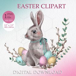 Easter bunny with willow and eucalyptus branches. Easter Clipart PNG. Digital download.