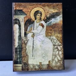 The White Angel of the  Holy Tomb | Quality Icon print mounted on wooden plank | Size: 5"x 3.5"