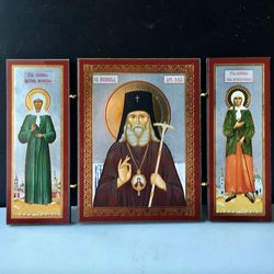 Gold and Silver Foil Wooden Icon Triptych Saint St Luka With St Matrona and St Xenia: Size: 5 Inch height