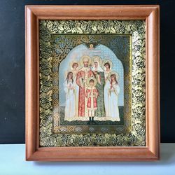 Royal Martyrs Romanov Family | Icon Gold Foiled in Wooden case (BOX) covered with Glass 7,5" x 6,3" |
