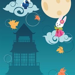 Chuseok greeting with bunnies in hanbok
