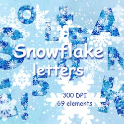 Snowflakes alphabet. Set of winter holiday letters.