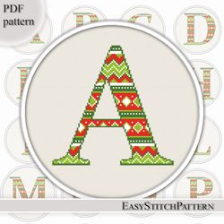 Letter A. Monogram cross stitch pattern. Geometric Ornament. Christmas. Funny cross stitch.