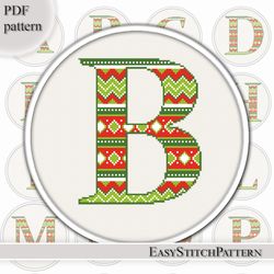 Letter B. Monogram cross stitch pattern. Geometric Ornament. Christmas cross stitch pattern.