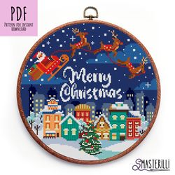 Santa cross stitch pattern PDF , Merry christmas cross stitch, snow town embroidery  design, winter landscape ornament