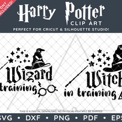 harry potter clip art svg dxf png pdf - two wizard & witch in training typography sorting hat deathly hallows design