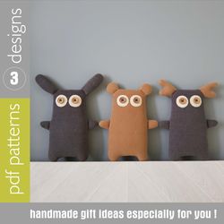 Stuffed animals sewing patterns PDF, Rabbit, Bear and Deer, set of 3 tutorials in English, christmas toys sewing diy