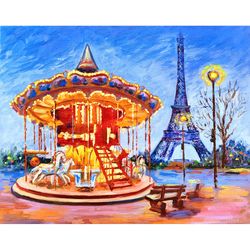 Paris Painting France Cityscape Original Artwork Paris Christmas Carousel & Eiffel Tower Oil Painting 16x20 inch