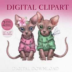 Sphinx cats in love. Boy and girl cats. Valentine's Day. Sublimation PNG, digital clipart. Digital download.