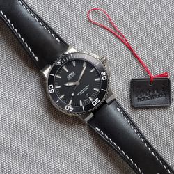 Black Watch Strap for ORIS Aquis, genuine leather watchband
