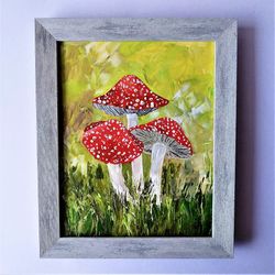 Mushroom painting, Fly agaric drawing, A toadstool painting impasto, Mushroom painting acrylic framed wall art