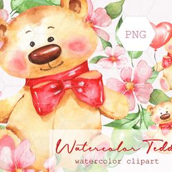 Watercolor Teddy bear PNG. Teddy clipart. Floral Teddy PNG clipart