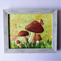 Mushroom painting, Realistic mushroom painting acrylic, Butterfly framed art painting impasto