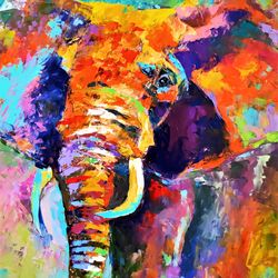 Elephant Original Oil Painting Elephant Portrait Original Art Colorful Painting Elefant Artwork Modern Art 16" by 12"