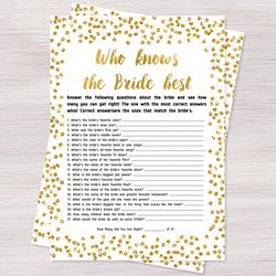 who knows the bride best, funny bridal shower games, gold confetti, printable bridal shower ideas, bachelorette