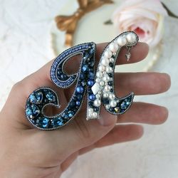 Custom Letter Brooch Pin Handmade. Embroidered Name Pin. Royal Blue Brooch. Customized Gifts