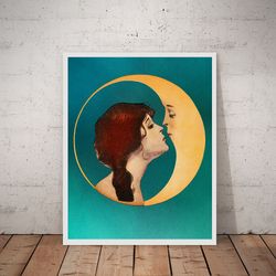 woman kissing moon, moon kiss woman, dear old dixie moon, crescent moon, vintage art print, 8x10, 16x20, 10x10, 20x20