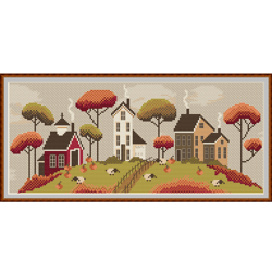 Cross Stitch Pattern Autumn Village Embroidery Fall  Sampler Pumpkins Sheep Digital PDF File 185