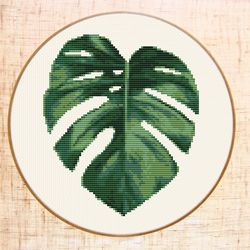 monstera leaf cross stitch pattern modern cross stitch tropical plant embroidery palm leaf cross stitch botanical