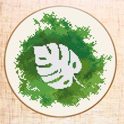 monstera leaf cross stitch pattern modern cross stitch watercolor x-stitch chart pdf