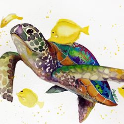 Sea Turtle Watercolor Wall Decor  7.5"x10.6" art fish painting by Anne Gorywine