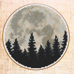 Forest and Moon Cross Stitch Pattern Modern Cross Stitch Forest Cross Stitch Woodland Embroidery PDF