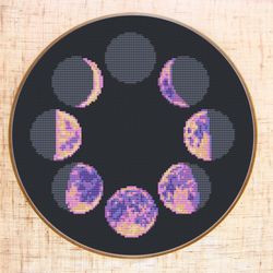 Moon phases cross stitch pattern Modern cross stitch Celestial Space cross stitch Lunar embroidery Counted cross stitch