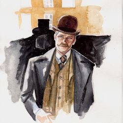 dr. watson watercolor portrait sherlock holmes painting original watercolor painting wall art work space painting man