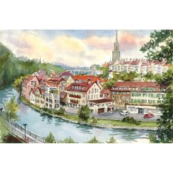 View of Bern and Aare river. Switzerland. Original watercolor painting 6,8x10,6''