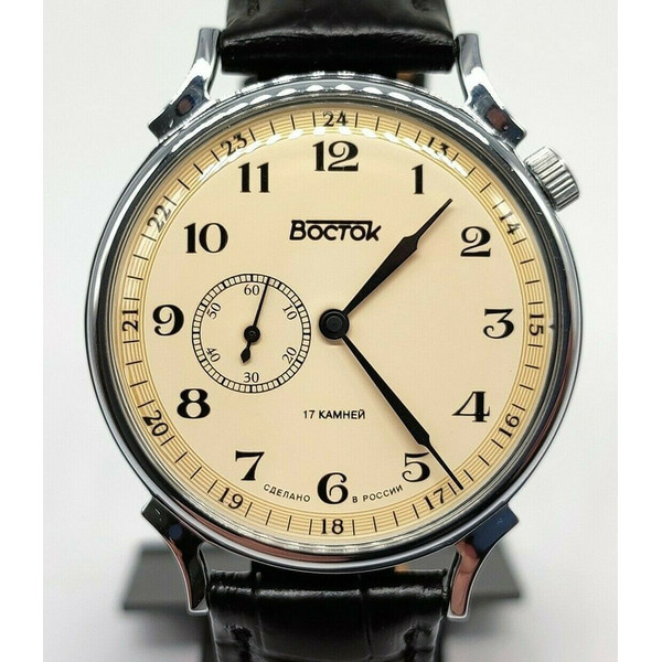 Vintage-style-Classic-mechanical-watch-Vostok-2403-Beige-dial-Shifted-second-hand-581887-1