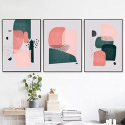 Geometric Art Prints Pink Green Wall Art Modern Print Instant Download Set Of 3 Posters Large Artwork Abstract Triptych