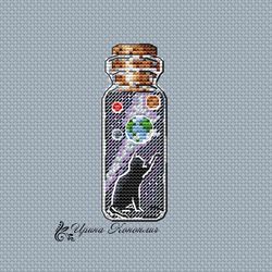 space cat cross stitch pattern, space cross stitch, bottle cross stitch pattern, cat, planets cross stitch pattern
