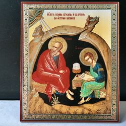 St. John the Evangelist and St. Prokhor on the island of Patmos | Lithography icon print on Wood | Size: 5 1/4" x 4 1/2"