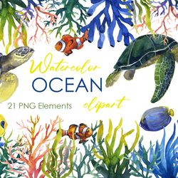 Watercolor ocean clipart sea turtle png clipart Ocean beach. T-shirts, poster, scrapbooking, beach party and card making
