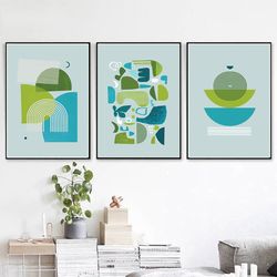 mid centure art set of 3 prints blue green wall art printable art large print triptych abstract poster modern pictures