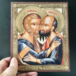 Holy Apostles Peter and Paul | High quality lithography icon mounted on wood | Size: 8" x 6 1/2"mounted