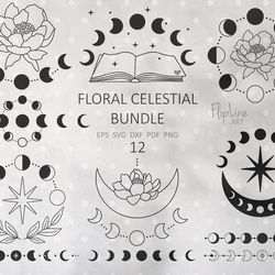 Moon SVG bundle Peony svg Floral moon svg celestial clipart Boho star svg Moon Phase SVG  Floral cut file Line drawing